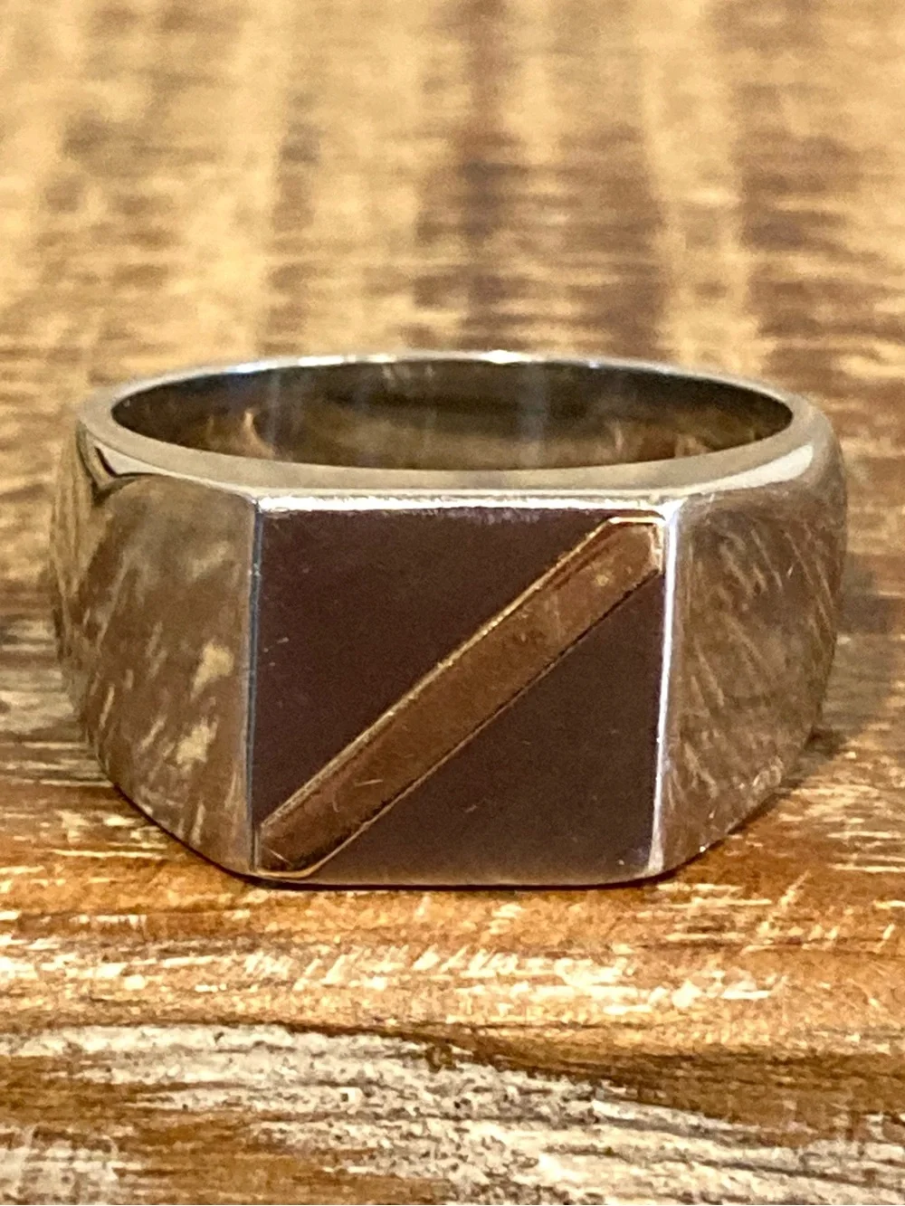 Mens Steel & 14K Gold Diagonal Stripe Signet Style Ring Size 10.25 China